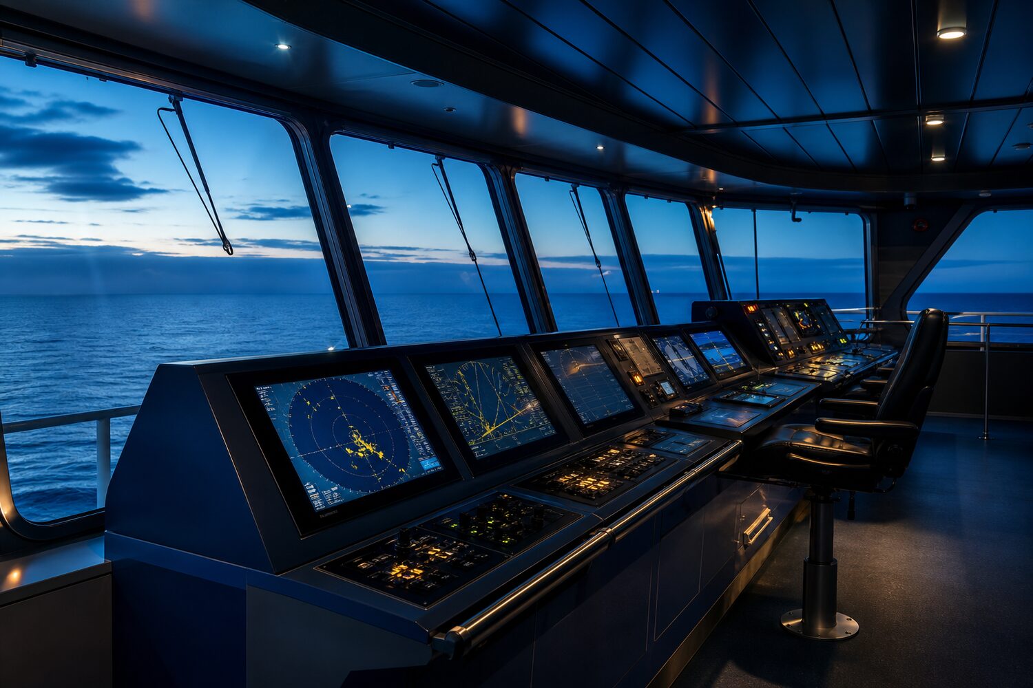 Ship's bridge with navigation instruments at sea